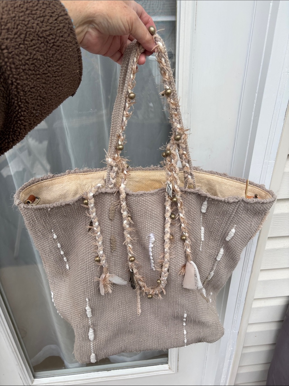 Ancient Greek Sandals Taupe Boho Beaded Braided Handles BOHO VASO TOTE BAG - Picture 9 of 14